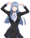  1girl arms_up blue_hair breasts choker fateline_alpha frilled_sleeves frills grey_eyes highres kiznaiver large_breasts long_hair neck_ribbon parted_lips ribbon solo sonozaki_noriko upper_body white_background 