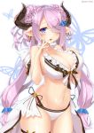  1girl bikini blue_eyes blush braid breasts cleavage doraf earrings granblue_fantasy hair_over_one_eye highres horns jewelry large_breasts lavender_hair long_hair looking_at_viewer mirea narumeia_(granblue_fantasy) navel open_mouth pointy_ears revision simple_background solo swimsuit twintails twitter_username white_bikini 