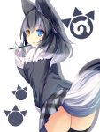  1girl animal_ears ass black_hair black_legwear blue_eyes blush fur_collar gloves grey_wolf_(kemono_friends) heterochromia highres kemono_friends liya long_hair long_sleeves looking_at_viewer multicolored_hair open_mouth pencil simple_background skirt solo tail two-tone_hair white_background wolf_ears wolf_tail yellow_eyes 