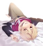  1boy barefoot bed_sheet blonde_hair blush highres i-chu jacket legs_crossed lips lying male_focus navel on_back open_clothes open_jacket open_pants pants red_eyes short_hair soroco underwear uruha_saku white_background 