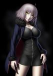  1girl blonde_hair breasts cowboy_shot fate/grand_order fate_(series) fur_trim highres jacket jeanne_alter jewelry looking_at_viewer masatoki necklace parted_lips ruler_(fate/apocrypha) short_hair solo yellow_eyes 