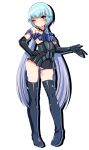  1girl absurdres black_gloves blue_eyes blue_hair elbow_gloves frame_arms_girl full_body gloves harigane_shinshi highres long_hair one_eye_closed simple_background solo stylet thigh-highs twintails 
