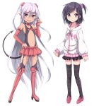  2girls black_hair boots bridal_gauntlets choker demon_tail elbow_gloves fangs garter_straps gloves highres kimagure_blue leotard long_hair multiple_girls navel original pointy_ears red_eyes short_hair simple_background tail thigh-highs thigh_boots violet_eyes white_hair 
