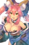  1girl aguy animal_ears bare_shoulders bell bell_collar bow breasts cleavage collar detached_sleeves fang fate/extra fate_(series) fox_ears fox_tail hair_bow japanese_clothes large_breasts looking_at_viewer open_mouth pink_hair smile solo tail tamamo_(fate)_(all) tamamo_no_mae_(fate) yellow_eyes 