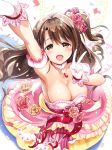  1girl breasts brown_eyes brown_hair cleavage commentary_request dress gloves idolmaster idolmaster_cinderella_girls idolmaster_cinderella_girls_starlight_stage kurimomo large_breasts long_hair one_eye_closed one_side_up open_mouth shimamura_uzuki smile solo v white_gloves 