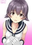  1girl artist_name brown_eyes collarbone dated gloves gradient gradient_background hair_between_eyes highres kamelie kantai_collection open_mouth pink_background purple_hair sailor_collar sakawa_(kantai_collection) school_uniform serafuku short_hair sleeveless solo white_gloves 