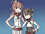  2girls adrian_ferrer alternate_breast_size arm_around_waist brown_eyes brown_hair commentary flat_chest gradient gradient_background grey_eyes headgear kantai_collection light_brown_hair multiple_girls open_mouth pleated_skirt saratoga_(kantai_collection) skirt smile taihou_(kantai_collection) 