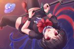  1girl asymmetrical_wings bangs black_dress black_hair black_legwear blush bow bowtie breasts dress frills holding holding_weapon houjuu_nue looking_at_viewer lzh medium_breasts polearm red_bow red_bowtie red_eyes short_dress short_hair smile snake solo thigh-highs tongue tongue_out touhou trident ufo upside-down weapon wings zettai_ryouiki 