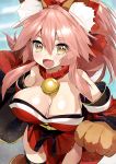  1girl animal_ears bell bell_collar blush breasts cleavage collar fangs fate/grand_order fate_(series) fox_ears fox_tail hair_ribbon large_breasts long_hair looking_at_viewer ogino_atsuki open_mouth paws pink_hair ribbon solo tail tamamo_(fate)_(all) tamamo_cat_(fate) yellow_eyes 