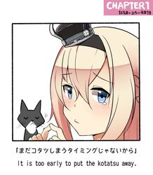  1girl blonde_hair blue_eyes cat closed_eyes comic commentary_request crown english fingers_together hair_between_eyes hairband ido_(teketeke) kantai_collection looking_at_viewer mini_crown parody pout tearing_up translation_request warspite_(kantai_collection) white_background 