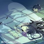  1boy black_hair character_doll closed_eyes futon highres honegai lying male_focus nail_polish on_side pillow sleeping tarou_tachi touken_ranbu twitter_username yellow_nails 