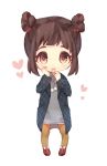  1girl blush bow brown_hair chibi coat eyebrows_visible_through_hair hair_bow hands_on_own_cheeks hands_on_own_face heart highres khakis looking_at_viewer open_mouth orange_eyes original red_bow red_shoes sencha_(senta_10) shoes short_hair solo 