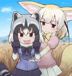  2girls :3 :d animal_ears arms_up black_hair blonde_hair blue_sky blush bow bowtie brown_eyes commentary_request day eyebrows_visible_through_hair fang fennec_(kemono_friends) fox_tail fur_collar gradient_hair grass kemono_friends looking_at_viewer multicolored_hair multiple_girls open_mouth outdoors paw_pose pleated_skirt puffy_short_sleeves puffy_sleeves raccoon_(kemono_friends) raccoon_ears raccoon_tail savannah short_hair short_sleeves skirt sky smile tail torso_grab two-tone_hair wavy_mouth 