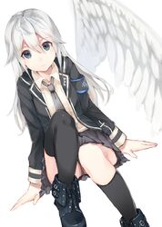  1girl absurdres angel_wings armband black_legwear black_skirt blue_eyes character_request eyebrows_visible_through_hair grey_necktie highres kneehighs long_hair looking_at_viewer necktie sencha_(senta_10) silver_hair skirt solo wings 