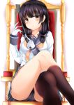  1girl absurdres artist_request asymmetrical_legwear black_hair black_panties brown_eyes gloves hair_ribbon highres isokaze_(kantai_collection) kantai_collection kneehighs legs_crossed long_hair panties ribbon riding_crop school_uniform serafuku single_kneehigh single_thighhigh smile solo thigh-highs throne tress_ribbon underwear white_gloves 