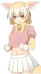  1girl :3 animal_ears blonde_hair breasts brown_eyes brown_hair cowboy_shot dot_nose eyebrows_visible_through_hair fennec_(kemono_friends) fox_ears fox_tail fur_trim gloves hair_between_eyes jitome kemono_friends lifted_by_self looking_at_viewer medium_breasts midriff_peek multicolored_hair nagami_yuu navel neck_ribbon open_mouth pink_shirt pleated_skirt puffy_short_sleeves puffy_sleeves ribbon shirt shirt_lift short_hair short_sleeves simple_background skirt smile solo tail white_background white_hair white_skirt yellow_ribbon 