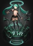  1girl banajune black_boots black_legwear boots bridal_gauntlets green_eyes green_hair halo hatsune_miku highres long_hair microphone microphone_stand navel open_mouth pigeon-toed platform_boots platform_footwear revision see-through short_shorts shorts solo speaker thigh-highs thigh_boots twintails very_long_hair vocaloid 