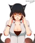  1girl absurdres ahri alternate_costume animal_ears black_hair breasts cleavage collarbone facial_mark fang fox_ears fox_tail heart_tattoo highres large_breasts league_of_legends lips multiple_tails open_clothes rude_ruin slit_pupils solo tail tattoo teacher whisker_markings yellow_eyes 