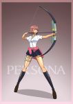  absurdres arrow blue_skirt bow_(weapon) breasts choker clothes_around_waist copyright_name drawing_bow endou_shin heart_choker highres kneehighs legs loafers long_legs medium_breasts persona persona_3 pink_eyes pink_hair shoes short_hair skirt sweater_around_waist takeba_yukari tan thigh_strap thighs weapon wide_stance 