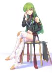  bare_shoulders boots breasts c.c. code_geass crossed_arms detached_sleeves fateline_alpha green_hair high_heel_boots high_heels highres long_hair medium_breasts sitting smile stool thigh-highs thigh_boots white_background yellow_eyes 