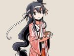  1girl adrian_ferrer black_hair brown_eyes cup floral_print fusou_(kantai_collection) hair_ornament headband headgear japanese_clothes kantai_collection kimono obi pink_kimono pleated_skirt ponytail sash sidelocks skirt solo teacup wide_sleeves 