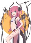  1girl absurdres dragon_girl dragon_horns dragon_tail elizabeth_bathory_(fate) elizabeth_bathory_(fate)_(all) fate/extra fate/grand_order fate_(series) flat_chest green_eyes highres horns long_hair microphone open_mouth pointy_ears purple_hair shirt smile solo tail white_shirt yomogi_uehara 