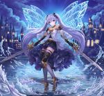  1girl blue_eyes blue_hair dual_wielding elbow_gloves full_body gloves hatsune_miku high_heels highres long_hair lunacle night outdoors skirt solo sword thigh-highs twintails very_long_hair vocaloid water weapon wings 