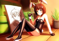  1girl animal_ears arlly_radithia blush brown_eyes brown_hair bunny_girl bunny_hair_ornament bunnysuit canvas_(object) hair_ornament highres kono_bijutsubu_niwa_mondai_ga_aru! rabbit_ears short_hair solo uchimaki_subaru usami_mizuki 