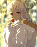  1girl altera_(fate) bangs blurry blush closed_mouth depth_of_field eyebrows_visible_through_hair fate/extella fate/extra fate/grand_order fate_(series) from_side fur_coat gift hands_up highres holding holding_gift light_smile long_hair looking_at_viewer red_eyes shiime smile snow solo upper_body white_hair 