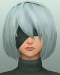  1girl blindfold fateline_alpha grey_background grey_hair hair highres lips mole mole_under_mouth nier_(series) nier_automata portrait short_hair solo yorha_no._2_type_b 