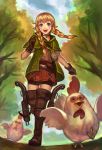  1girl :d belt bike_shorts bird blonde_hair blue_eyes blush boots bow_(weapon) braid brown_boots brown_gloves capelet chicken choker compass crossbow cucco gloves hood jewelry linkle long_hair okakan open_mouth outdoors pointy_ears shorts_under_skirt smile teeth the_legend_of_zelda thigh-highs thigh_boots tree twin_braids weapon zelda_musou 