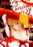  &gt;:&lt; 1girl :&gt; absurdres ahoge bare_shoulders blonde_hair blush breasts chibi christmas_stocking cleavage closed_mouth eyebrows_visible_through_hair fate/stay_night fate_(series) gift green_eyes hair_over_one_eye highres medium_breasts merry_christmas saber santa_costume smile solo ssword 