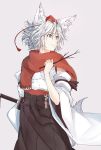  1girl absurdres animal_ears detached_sleeves hat highres inubashiri_momiji kuroneko_(sanzo5531) looking_away pom_pom_(clothes) red_eyes red_scarf revision scarf short_hair silver_hair solo sword tail tokin_hat touhou weapon wolf_ears wolf_tail 