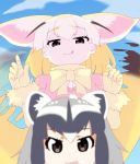  :d anafuchi animal_ears arms_up bow bowtie day eyebrows_visible_through_hair fennec_(kemono_friends) fox_ears half-closed_eyes highres kemono_friends licking_lips looking_at_viewer open_mouth puffy_short_sleeves puffy_sleeves raccoon_(kemono_friends) raccoon_ears short_sleeves sky smile sweater_vest tongue tongue_out you_gonna_get_raped 