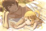  &gt;:( 1boy 1girl ^_^ bangs bed_sheet blue_eyes blush brown_hair charlotta_(granblue_fantasy) chin_rest closed_eyes closed_mouth frown gran_(granblue_fantasy) granblue_fantasy harbin lens_flare long_hair lying on_bed on_stomach outstretched_arm pointy_ears short_hair sweatdrop swept_bangs topless walkalone 