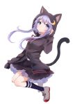  1girl animal_ears animal_hood black_legwear black_skirt blue_eyes cat_ears cat_tail crescent crescent_moon_pin fake_animal_ears highres hood hooded_jacket jacket kantai_collection long_hair long_sleeves nuno_(pppompon) pleated_skirt purple_hair short_hair_with_long_locks simple_background skirt socks solo tail white_background yayoi_(kantai_collection) 