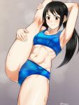  1girl abs arm_up armpits black_hair blush breasts brown_eyes buruma collarbone cowboy_shot highres idolmaster idolmaster_cinderella_girls leg_up long_hair lying medium_breasts nakano_yuka navel oku_(okumen) on_back solo sports_bra stretch sweat toned twintails 