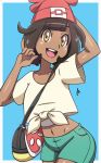  1girl :d \m/ arm_behind_head bag bangs beanie blue_background bob_cut border brown_hair collarbone commentary contrapposto cowboy_shot dark_skin eyelashes female_protagonist_(pokemon_sm) flat_chest food fruit green_shorts groin hand_behind_head handbag hat legs_together looking_at_viewer navel open_mouth orange_eyes parted_bangs pocket poke_ball_theme pokemon pokemon_(game) pokemon_sm raised_eyebrows red_hat scott_bennett shiny shiny_skin shirt short_hair short_sleeves shorts signature smile solo standing tareme teeth tied_shirt tongue undershirt watermelon white_border white_shirt yellow_shirt 