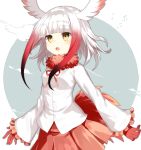  1girl :o arms_at_sides bangs beamed_quavers beamed_semiquavers bird_tail bird_wings blue_background blue_outline blunt_bangs blush buttons collar crested_ibis_(kemono_friends) dot_nose drawstring eyebrows_visible_through_hair floating_hair frilled_sleeves frills fur_collar gloves gradient_hair head_wings highres kemono_friends long_sleeves looking_away multicolored multicolored_background multicolored_hair music musical_note open_mouth outline pleated_skirt quaver red_gloves red_skirt redhead sada_(sadahalu) shirt short_hair short_hair_with_long_locks sidelocks singing skirt solo tail two-tone_hair white_background white_hair white_shirt wide_sleeves wind wings yellow_eyes 