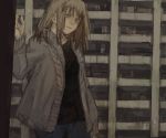  1girl arm_support blank_stare blonde_hair blurry building city cowboy_shot dark denim depth_of_field hand_up hanno head_tilt jacket jeans original pants sketch solo yellow_eyes 