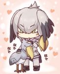  1girl artist_request bird black_hair boots chibi eyebrows_visible_through_hair green_eyes grey_hair heart kemono_friends looking_at_another multicolored_hair petting shoebill shoebill_(kemono_friends) sound_effects translation_request two-tone_hair 
