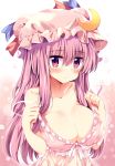  1girl babydoll bangs bare_shoulders blunt_bangs blush breasts cleavage collarbone crescent crescent_hair_ornament hair_ornament hat hat_ribbon highres large_breasts long_hair looking_at_viewer maturiuta_sorato mob_cap off_shoulder patchouli_knowledge purple_hair ribbon solo touhou upper_body violet_eyes 