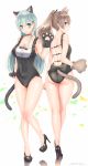  2girls absurdres alternate_costume animal_ears aqua_hair ass bare_shoulders black_leotard blue_eyes blush breasts brown_hair cat_ears cat_tail cleavage dated from_behind full_body hair_between_eyes high_heels highres kantai_collection kemonomimi_mode kumano_(kantai_collection) large_breasts leotard long_hair looking_at_viewer multiple_girls open_mouth paws ponytail sakiryo_kanna shiny shiny_skin small_breasts smile suzuya_(kantai_collection) tail tongue tongue_out 
