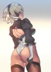  1girl ass black_gloves black_legwear blindfold breasts brown_legwear cleavage erect_nipples gkfkqkch1 gloves hairband leotard medium_breasts mole mole_under_mouth nier_(series) nier_automata short_hair skindentation skirt solo standing thigh-highs thighhighs_pull thighs white_gloves white_hair yorha_no._2_type_b 