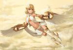  1girl blonde_hair blue_eyes boots breasts clouds cloudy_sky commentary_request gold groin long_hair medium_breasts navel original panties ranma_(kamenrideroz) shoes sky solo tagme thigh-highs thigh_boots underwear white_boots white_panties white_wings winged_shoes wings 