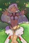  1girl altera_(fate) blush choker dark_skin fate/extella fate/extra fate_(series) from_above gluteal_fold grass highres looking_at_viewer lying navel on_back on_grass outstretched_arms purple_hair red_eyes saber solo thighs xue_fengzi 