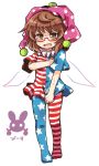  1girl american_flag_dress american_flag_legwear bangs blush brown_eyes brown_hair clownpiece clownpiece_(cosplay) cosplay dress dress_tug fairy_wings full_body glasses hat jester_cap neck_ruff pantyhose polka_dot pote_(ptkan) red-framed_eyewear semi-rimless_glasses short_dress solo standing star star_print striped sweat touhou transparent_background under-rim_glasses usami_sumireko wings 