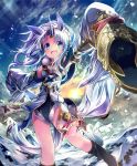  1girl :d animal_ears artist_request blue_eyes fur_trim gold_trim hair_ornament horn horse_ears horse_tail mountain neck_ruff official_art open_mouth ponytail shadowverse sleeves_past_wrists smile snow snowing sunrise tail unicorn_dancer_unica white_hair 