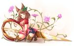  1girl animal_ears backless_outfit boots breasts brown_hair cleavage erun_(granblue_fantasy) flower granblue_fantasy hair_ornament la_coiffe_(granblue_fantasy) leaf_hair_ornament pensuke scissors smile thigh-highs thigh_boots 