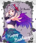  1girl character_name dress drill_hair gothic_lolita happy_birthday idolmaster idolmaster_cinderella_girls idolmaster_cinderella_girls_starlight_stage kanzaki_ranko lolita_fashion long_hair outstretched_arms petals qixi_cui_xing red_eyes silver_hair solo twin_drills twintails wings 